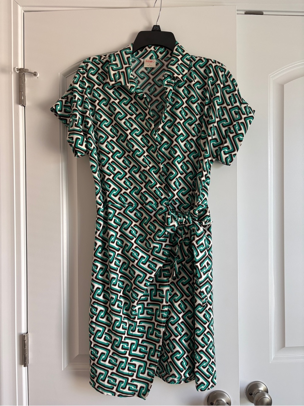 Teal and White Geometric Wrap Dress